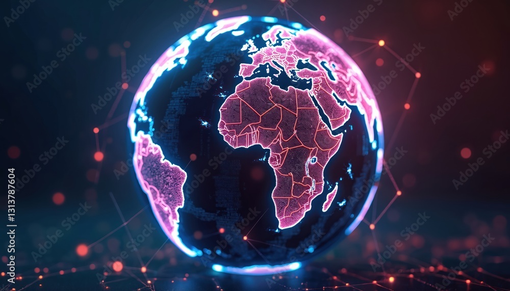 Poster Tech progress. Digital globe with neon lines and nodes shows worldwide web concept. Futuristic earth with grid, blue sphere and lights symbolize global technology, communication and network.