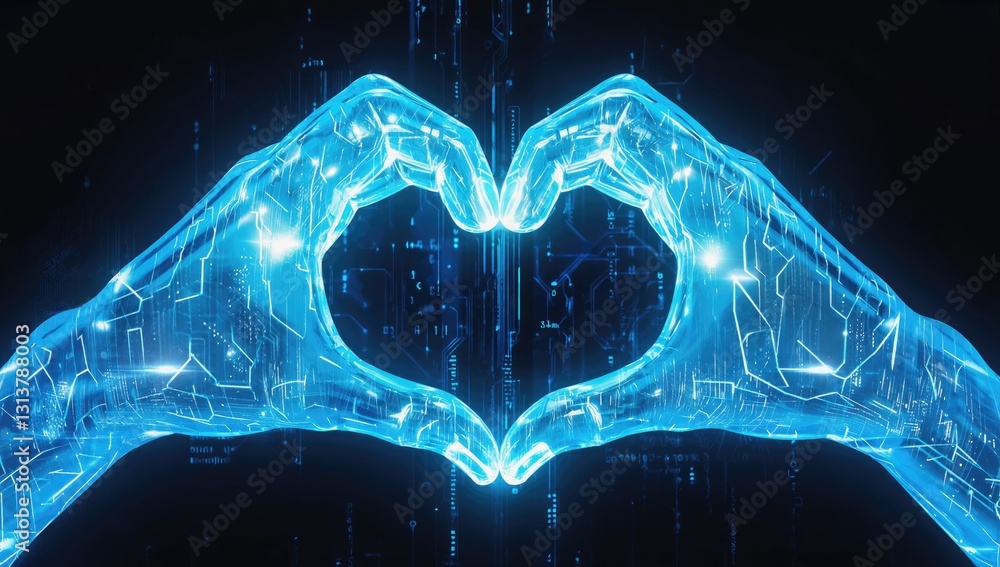 Poster digital heart: glowing, futuristic hands come together in a heart shape against a backdrop of binary