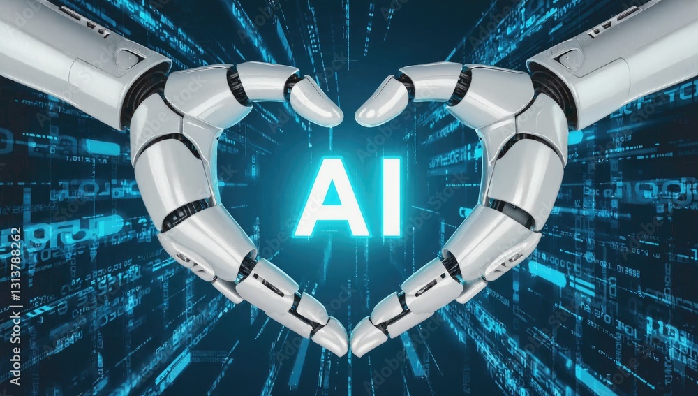 Poster ai's embrace: a futuristic representation of artificial intelligence, robotic hands form a heart sha