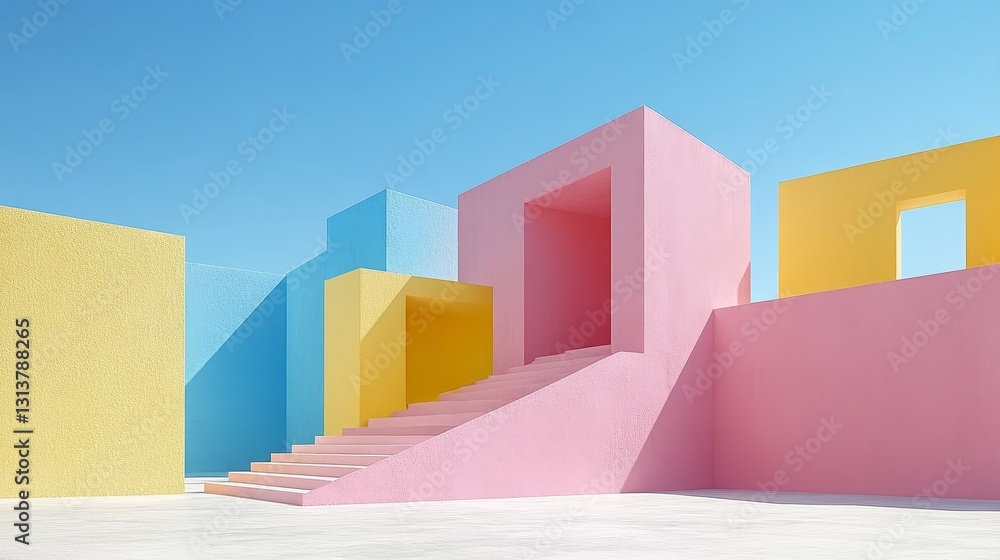 Poster vibrant architectural abstraction minimalist landscape dreamy pastel color blocks playful structures