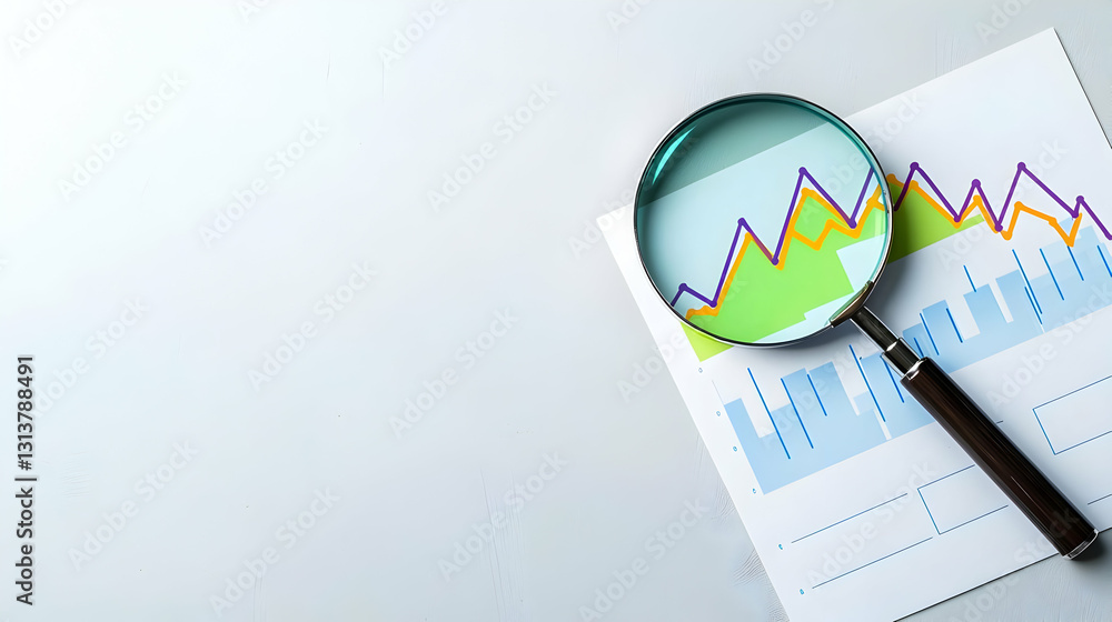 Poster magnifying glass examining line and bar charts on white background with copy space