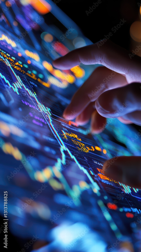Poster market data analysis: a close-up view of a person's hand interacting with a digital screen displayin