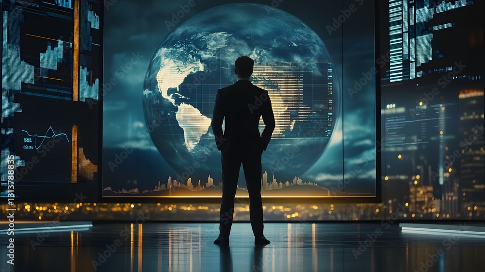 Poster global businessman analyzing data on screens showing world map