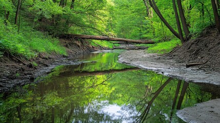 Serene forest river reflecting lush greenery and fallen trees, showcasing nature's tranquility