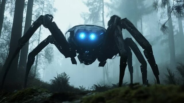 A creepy looking robot with blue eyes stands in a forest. smooth repeating motion for background video animation