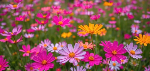 Fototapeta premium Vast field of vibrant cosmos flowers swaying gently in the breeze, tranquility, scenic