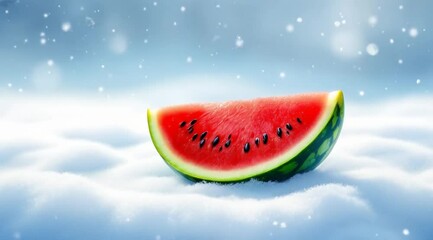 Watermelon slice in snow; refreshing winter treat; beautiful still life; for food magazine, social media - Powered by Adobe