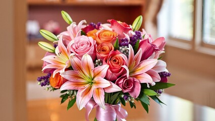 A stunning bouquet of colorful roses, lilies, and tulips tied with a silk ribbon. Vibrant, fresh, and elegant floral arrangement on a softly blurred background, celebrating beauty and joy
