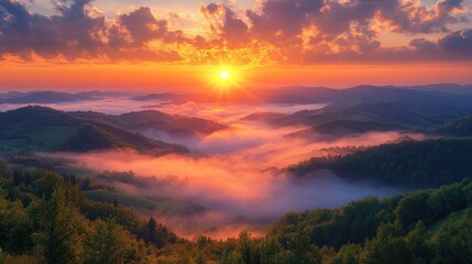 Sunrise over misty mountain valley, scenic landscape, daybreak
