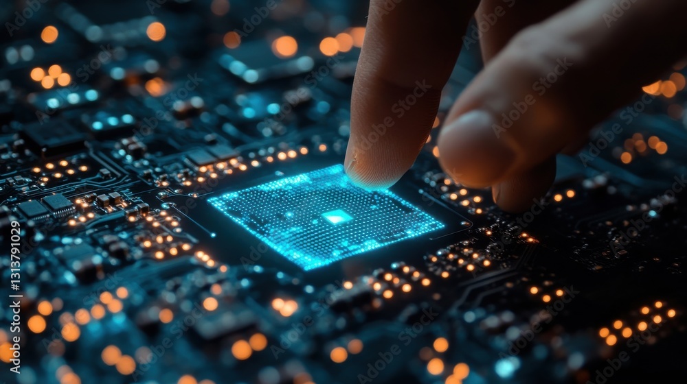 Poster artificial intelligence ai in semiconductor on electronic circuit board concept man touching ai icon