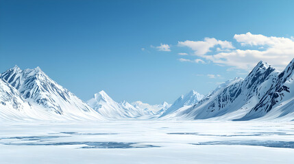 Obraz premium Panoramic View Of Snow Capped Mountain Range With Ice Covered Flatland Underneath Blue Sky With Sparse Clouds In Winter