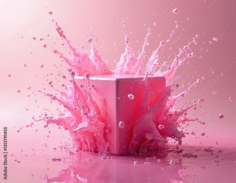 Poster Cube exploding with splashing pink liquid on pink backdrop. Abstract vibrant splash background. Dynamic motion, creative energy, bold contrast, modern art, digital design, geometric illustration,