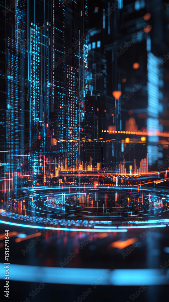 Poster digital metropolis: a futuristic cityscape emerges from the depths, with sleek lines of neon, data s