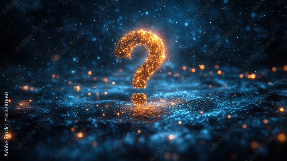 Poster ask symbol 3d abstract on dark blue background with dots and stars problem solution support faq educ