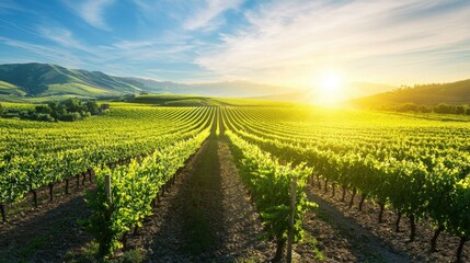 Naklejka premium A sprawling vineyard with rows of grapevines under the summer sun