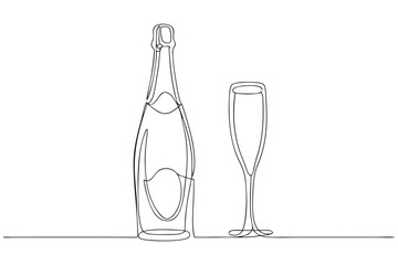 Continuous Single Line Drawing of Champagne Bottle and Glass. Line Art of Alcohol and Glassware for Restaurant Menu, Poster, and Banner Design, Editable Stroke