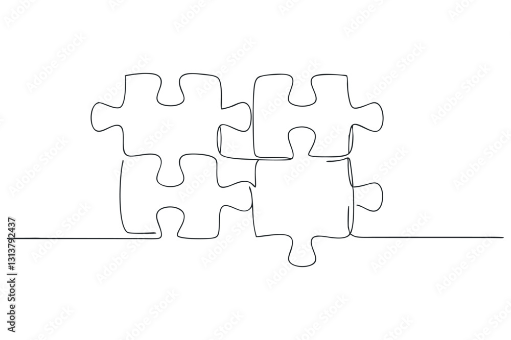 Poster continuous single line drawing of four puzzle pieces. symbolizing ideas, business strategy, thinking