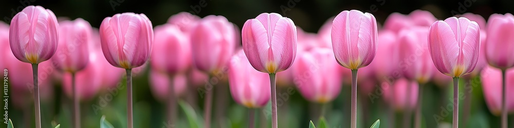 Poster vibrant pink tulips gently swaying in springtime breeze, close-up with shallow depth of field.