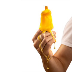Melting ice pop held by a hand isolated from background