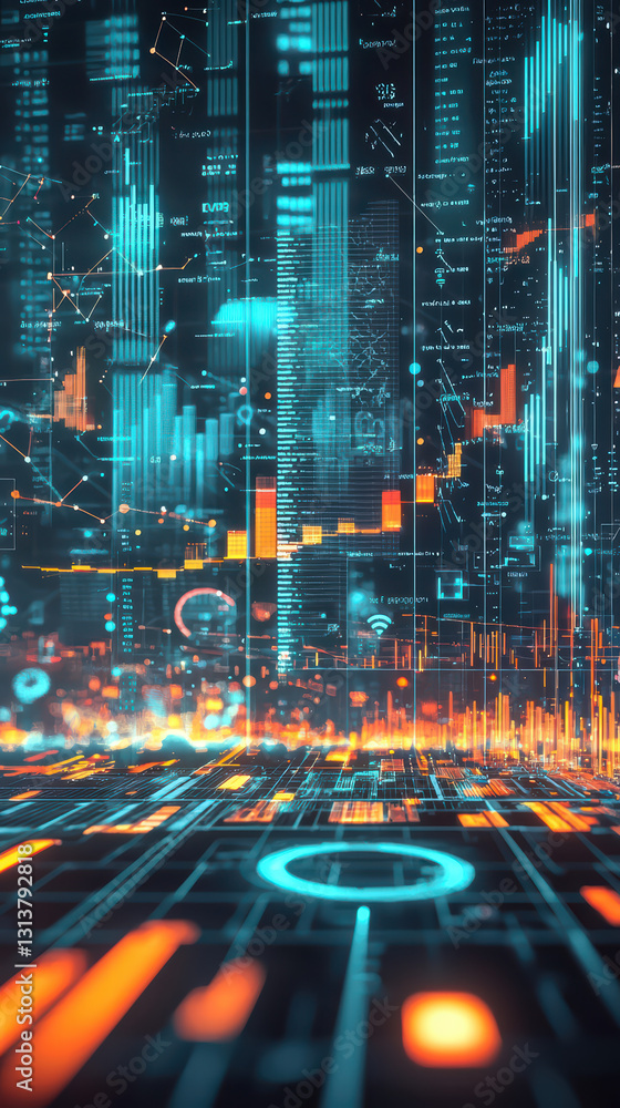 Poster digital finance: a cutting-edge digital design, featuring intricate data visualizations that evoke t