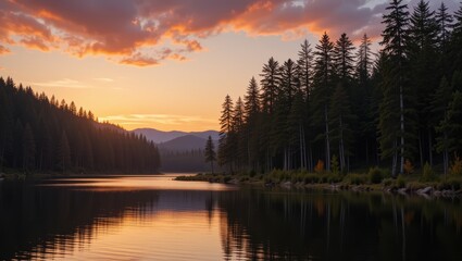 Fototapeta premium Scenic Sunset Over Serene Lake Surrounded By Majestic Pine Forest And Mountain Range
