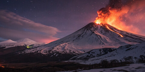 Powerful volcanic explosion with red-hot lava and smoke billowing into the night sky, creating a dramatic and intense landscape.