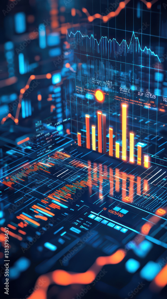 Poster visualizing the market: a vibrant display of financial data comes alive, with glowing charts and gra