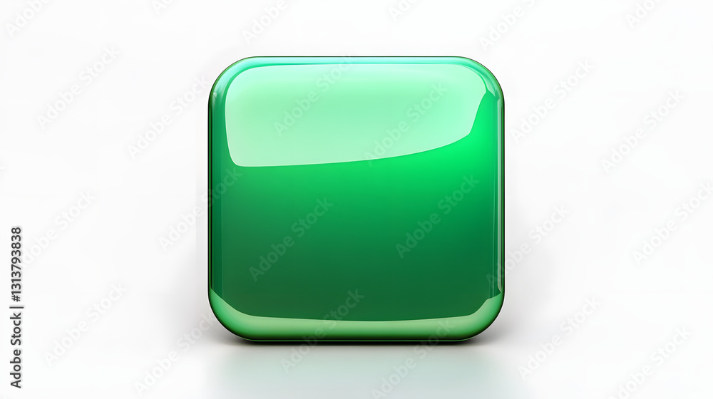 Poster blank mobile application icon, button - green square with round corners. 3d rendering, white backgro