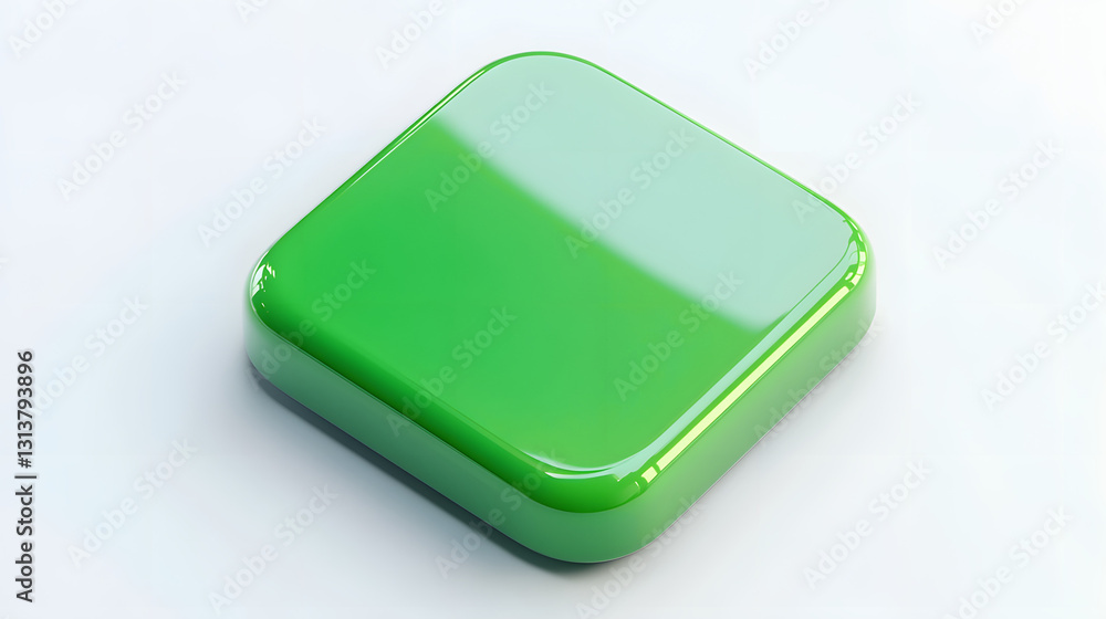 Poster blank mobile application icon, button - green square with round corners. 3d rendering, white backgro