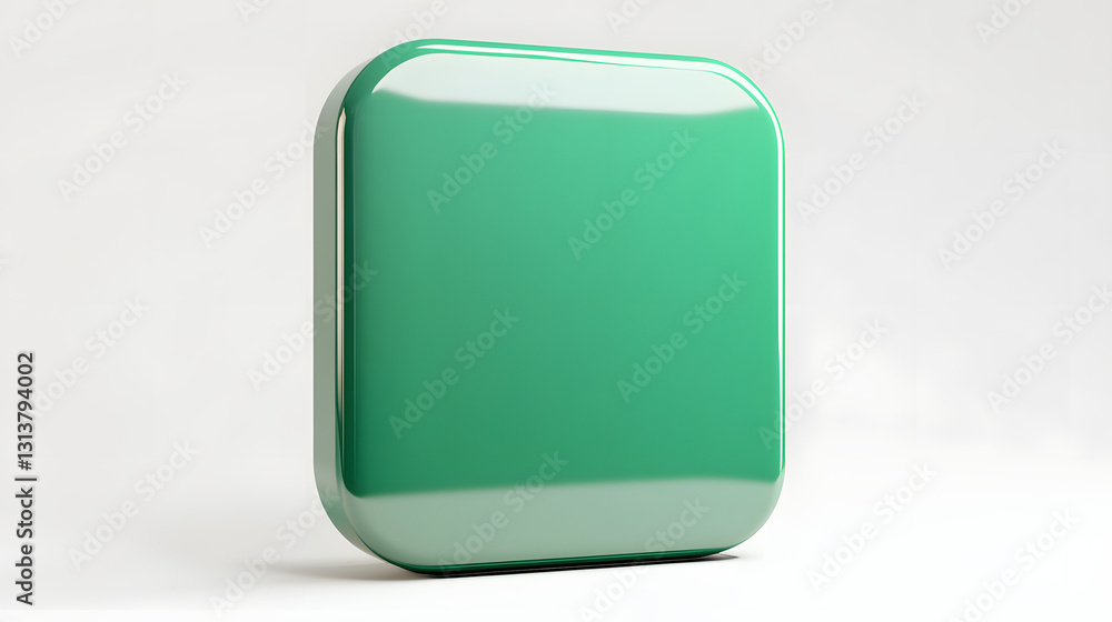 Poster blank mobile application icon, button - green square with round corners. 3d rendering, white backgro