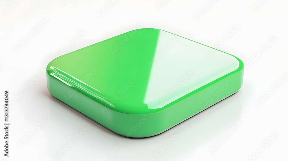 Poster blank mobile application icon, button - green square with round corners. 3d rendering, white backgro