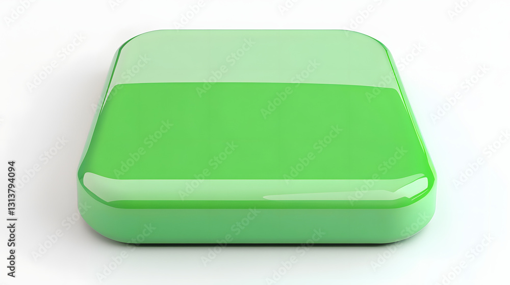 Poster blank mobile application icon, button - green square with round corners. 3d rendering, white backgro