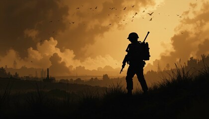 silhouette of a lone soldier standing against a post-apocalyptic sunset. dramatic landscape of industrial ruin and a somber sky. perfect for war, dystopian, and survival themes.