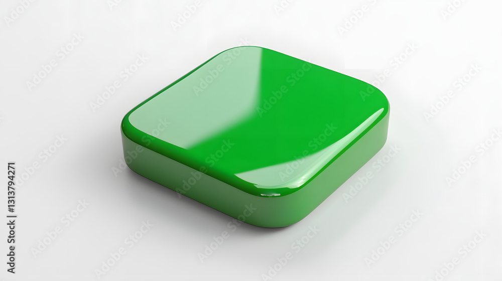 Poster blank mobile application icon, button - green square with round corners. 3d rendering, white backgro