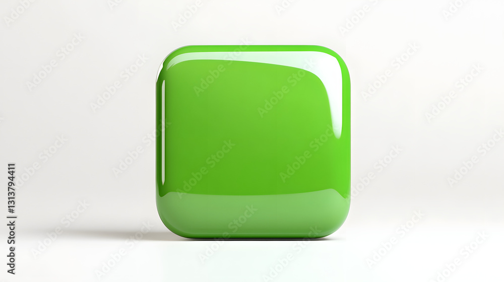 Poster blank mobile application icon, button - green square with round corners. 3d rendering, white backgro