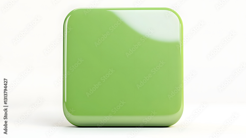 Poster blank mobile application icon, button - green square with round corners. 3d rendering, white backgro