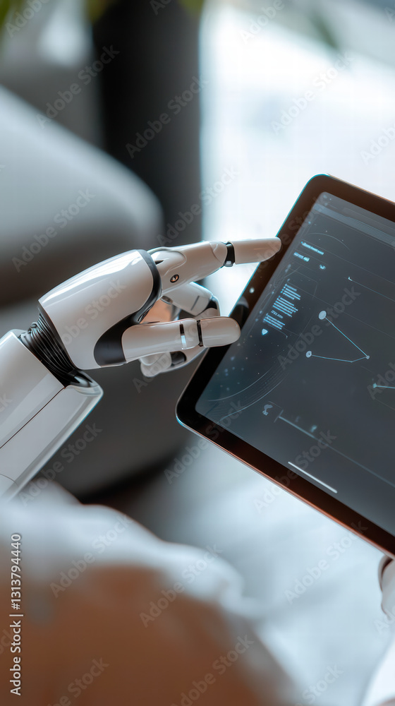 Aufkleber robotic interaction: a close-up view of a robotic hand interacting with a modern tablet, showcasing 