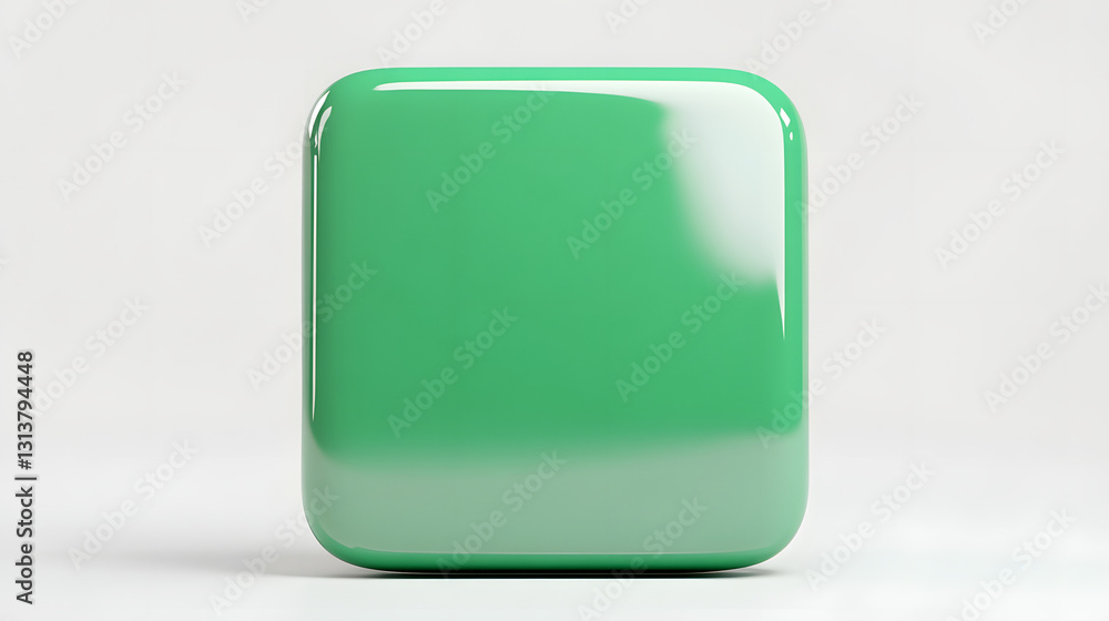 Poster blank mobile application icon, button - green square with round corners. 3d rendering, white backgro