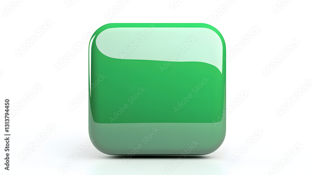 Poster blank mobile application icon, button - green square with round corners. 3d rendering, white backgro