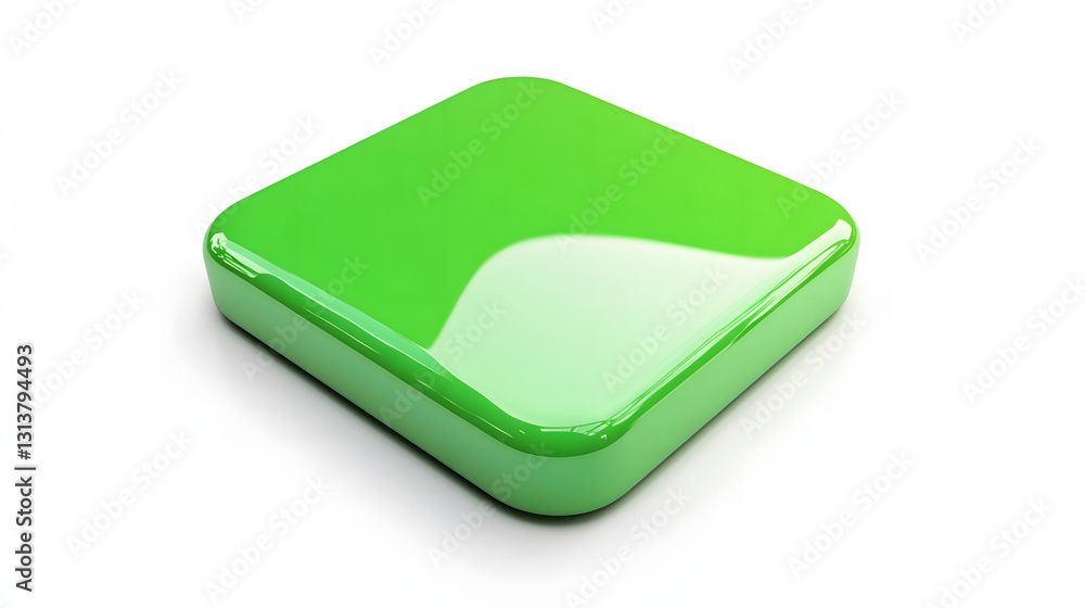 Poster blank mobile application icon, button - green square with round corners. 3d rendering, white backgro