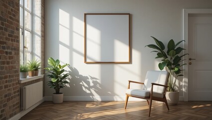Bright Minimalist Interior Featuring Empty Frame, Cozy Chair, and Lush Green Plants in Natural Light