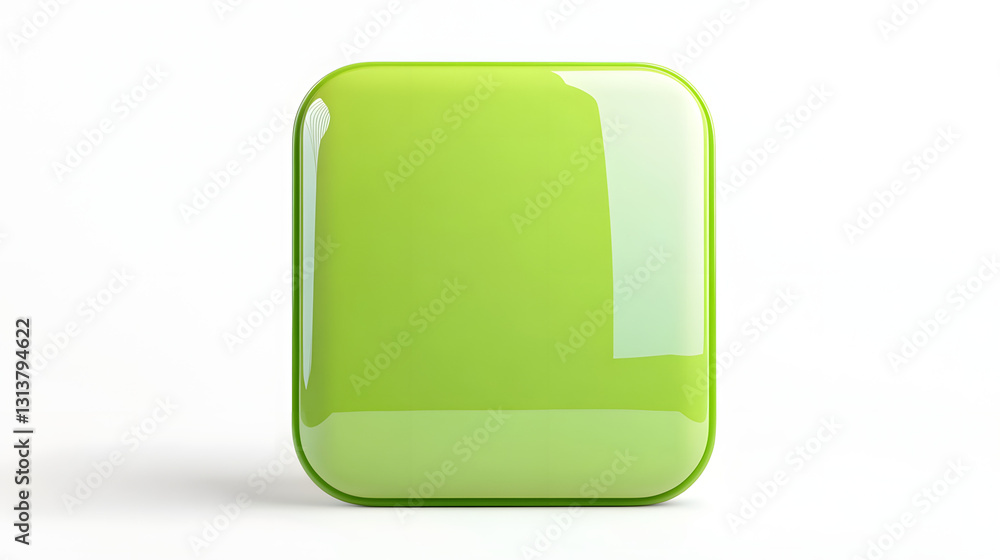 Poster blank mobile application icon, button - green square with round corners. 3d rendering, white backgro