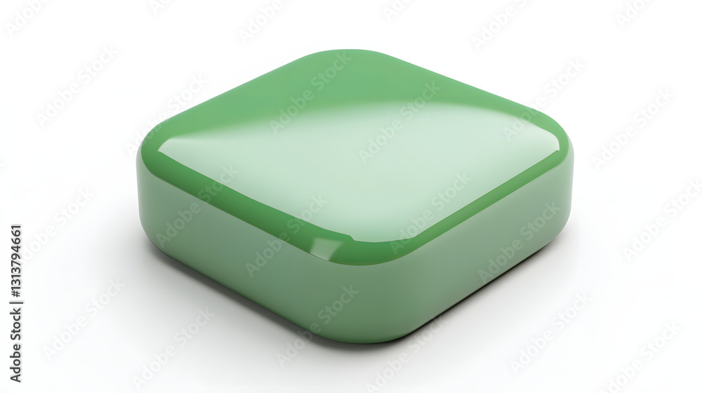 Poster blank mobile application icon, button - green square with round corners. 3d rendering, white backgro