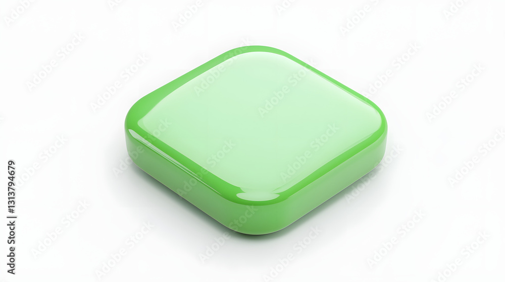 Poster blank mobile application icon, button - green square with round corners. 3d rendering, white backgro