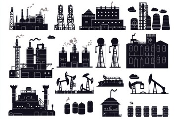Obraz premium Industrial complex silhouette icons; energy, manufacturing; pollution; white background; infographic use
