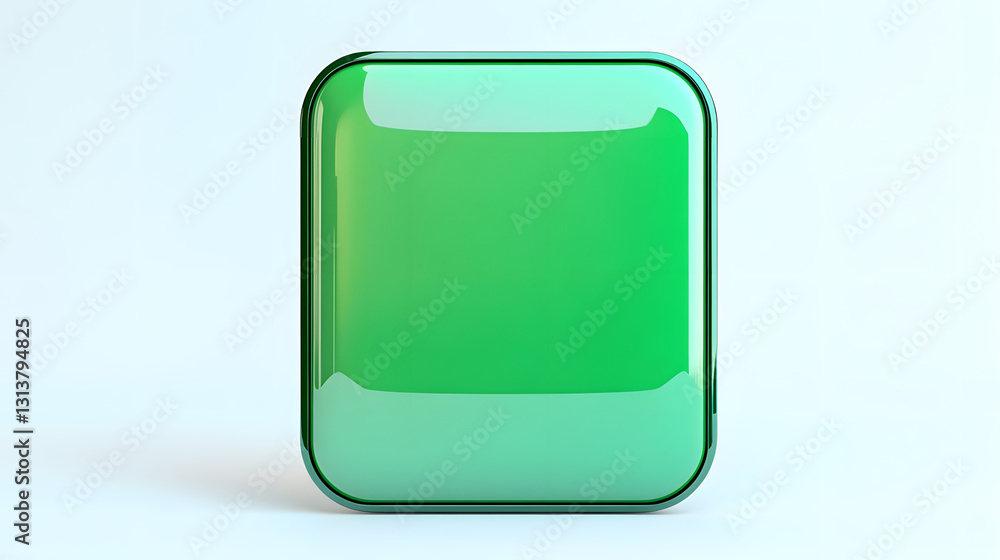 Poster blank mobile application icon, button - green square with round corners. 3d rendering, white backgro