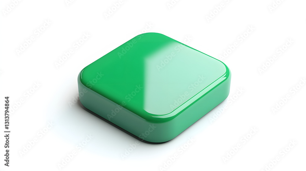 Poster blank mobile application icon, button - green square with round corners. 3d rendering, white backgro