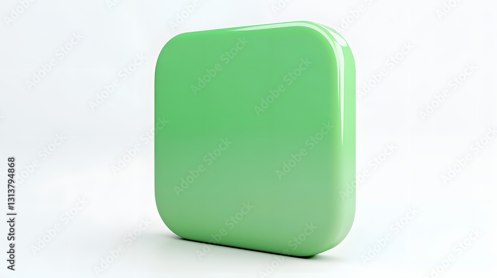 Poster blank mobile application icon, button - green square with round corners. 3d rendering, white backgro