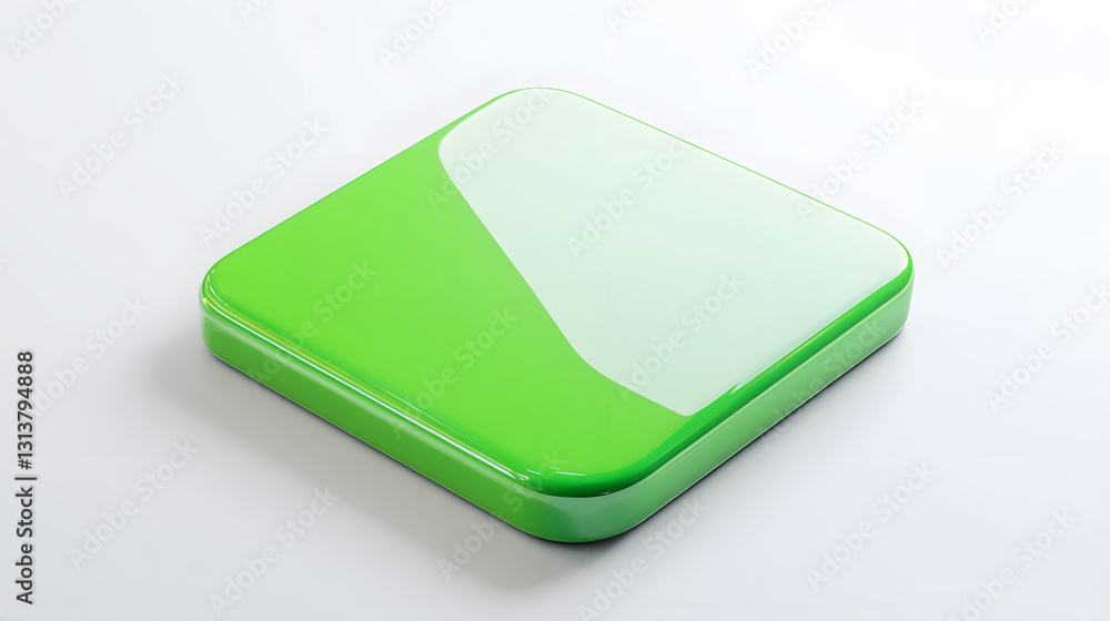 Poster blank mobile application icon, button - green square with round corners. 3d rendering, white backgro