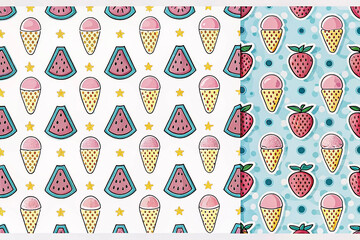 Seamless summer pattern with ice cream cones, watermelon, and strawberries.
